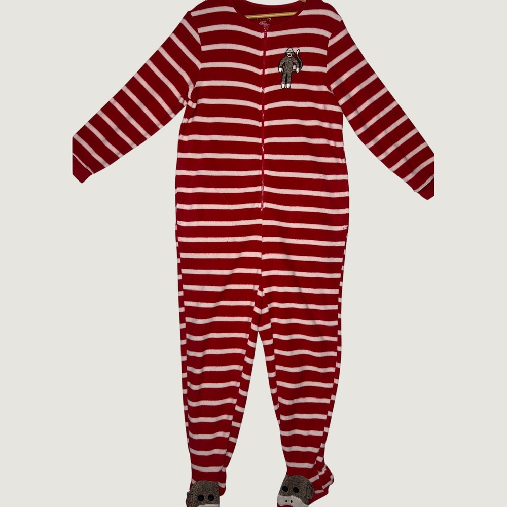 Nick & Nora Sock Monkey Footed One Piece Pajamas Small Red White Striped Fleece